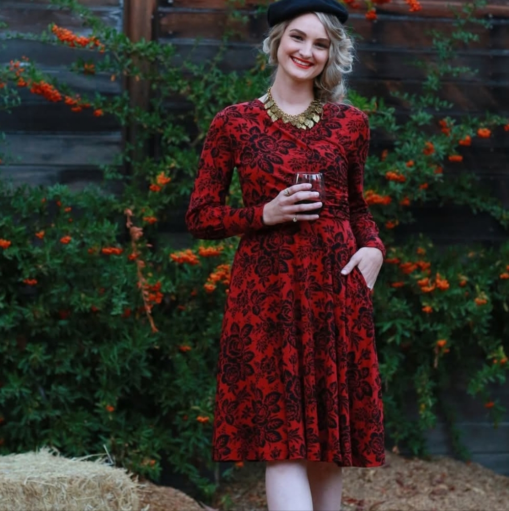 Effie's Heart Red and Black Floral Midi Dress
